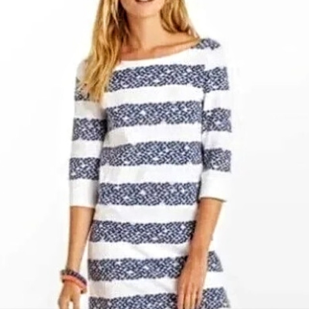 LILLY PULITZER LAJOLLA Size Med Navy White Pink Fish Heart & Sole Stripe  Dress
